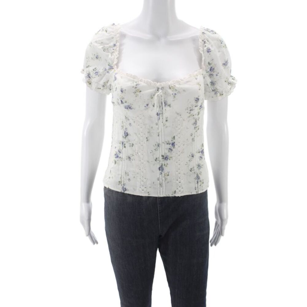 Reformation Women White Cropped Blouse Square Neck Short Sleeve Zip Size 8
